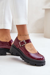 Women's Patent Leather Buckle Shoes - Burgundy