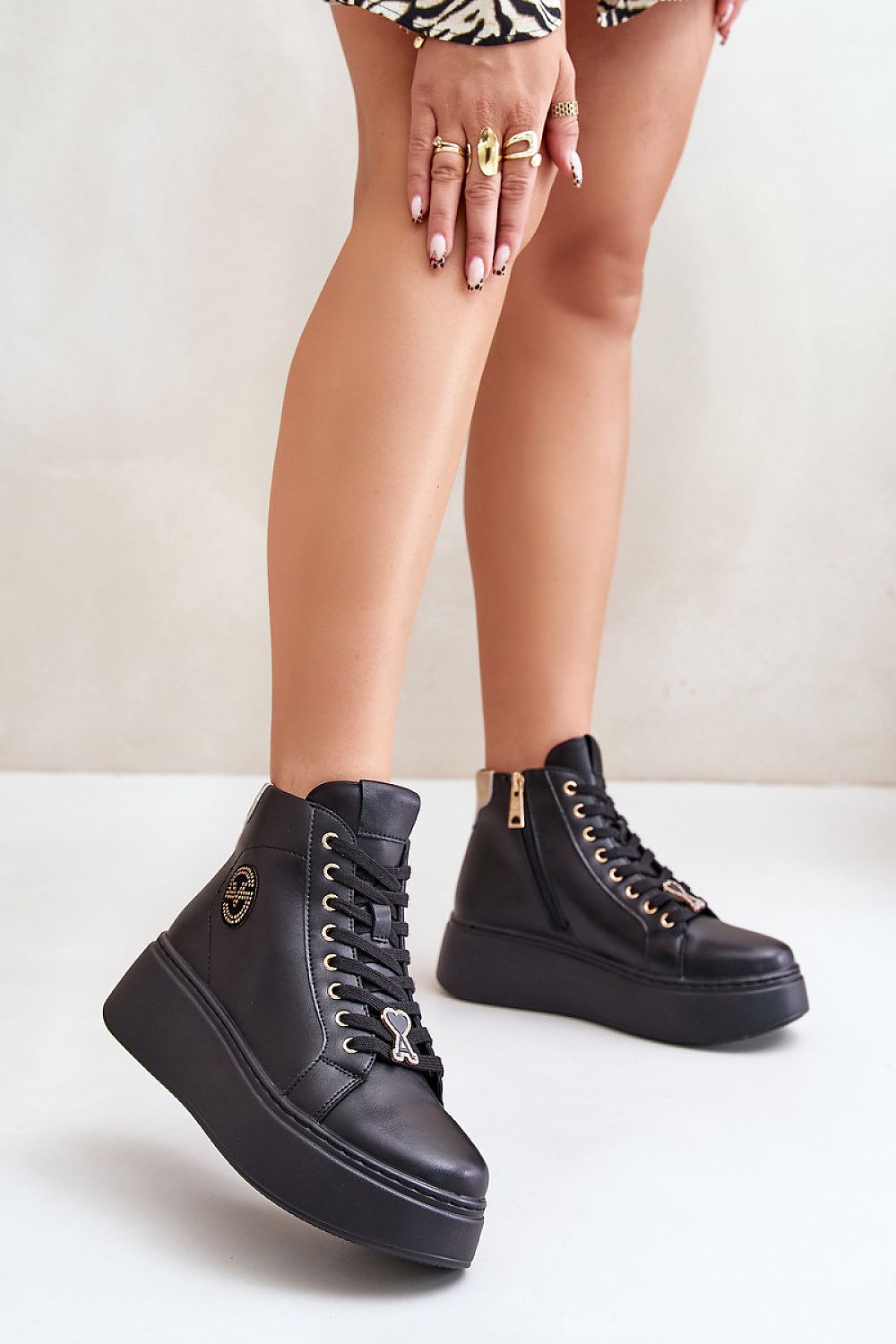 Women's Leather Sneakers Boots With Gold Accessories