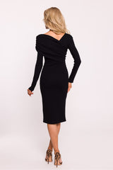 Asymmetrical Rib Knit V Neck Dress - Black