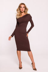 Asymmetric Rib Knit V Neck Dress - Brown