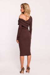 Asymmetric Rib Knit V Neck Dress - Brown