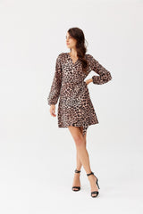 Tie Waist Mini Dress With Puff Sleeves - Leopard