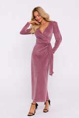 Deep V Neck Velvet Maxi Dress - Crepe Pink