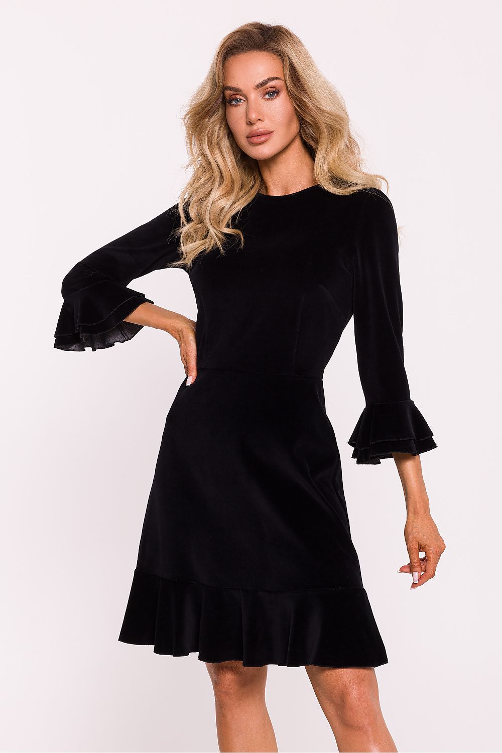 Velvet Dress With Ruffles - Black