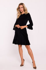 Velvet Dress With Ruffles - Black