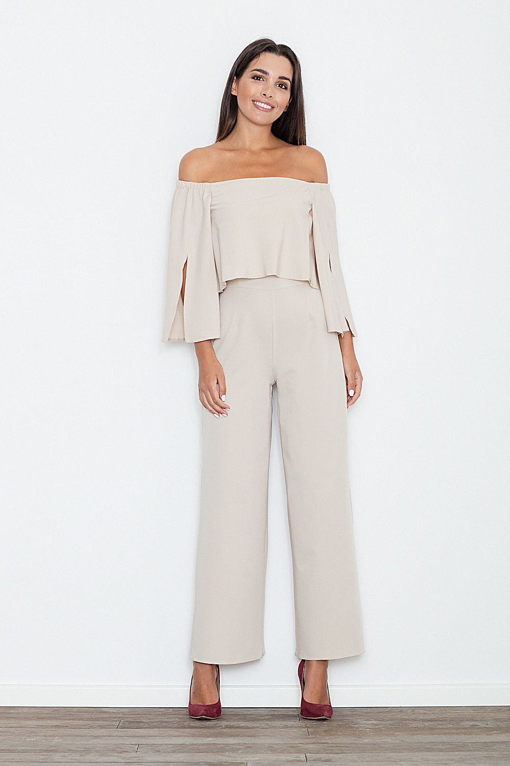 One-piece jumpsuit with bardot neckline in beige