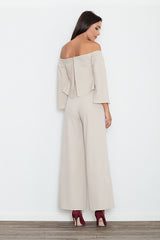 One-piece jumpsuit with bardot neckline in beige