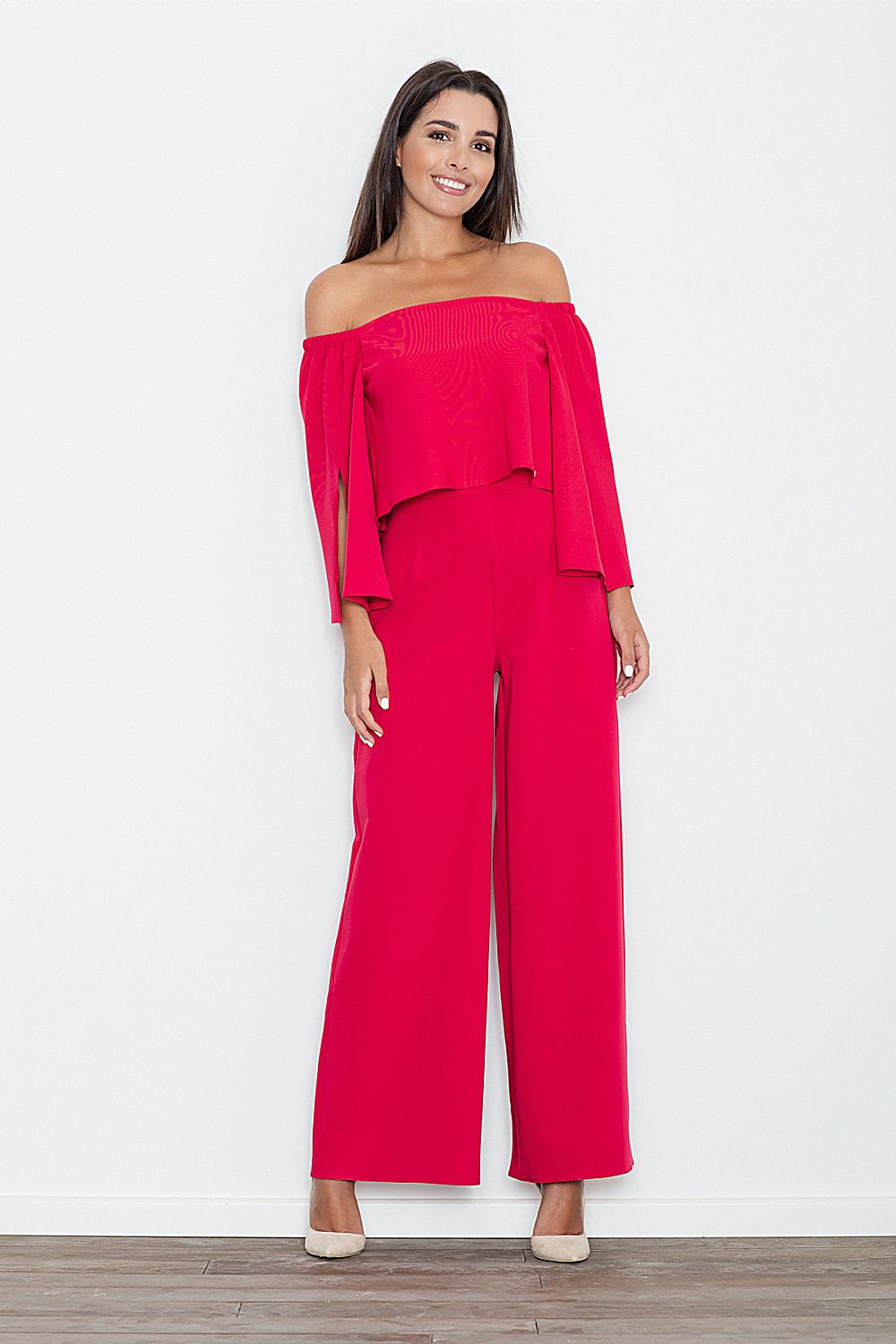 One-piece jumpsuit with bardot neckline in red