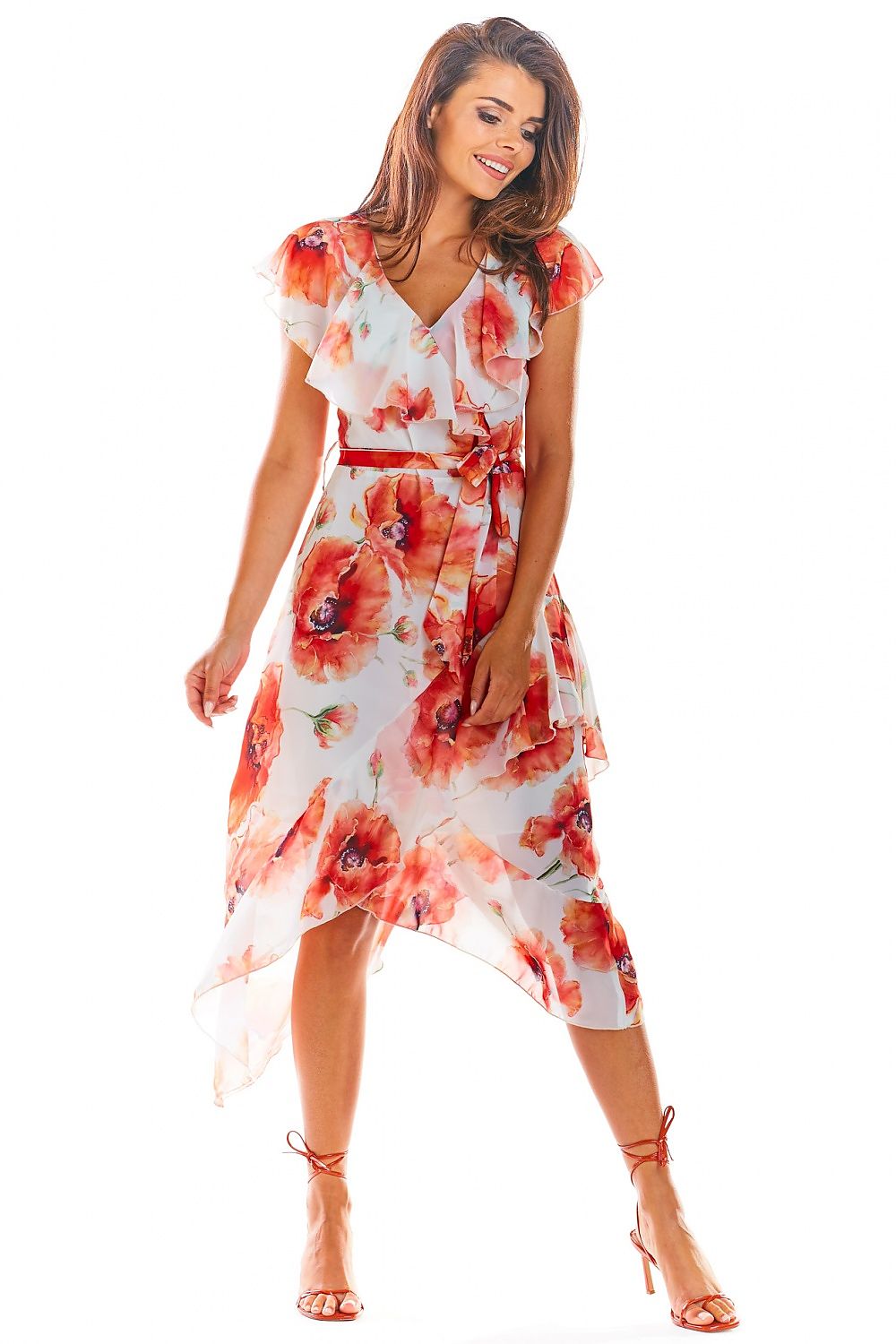 Cocktail Midi Dress With Flowers In White