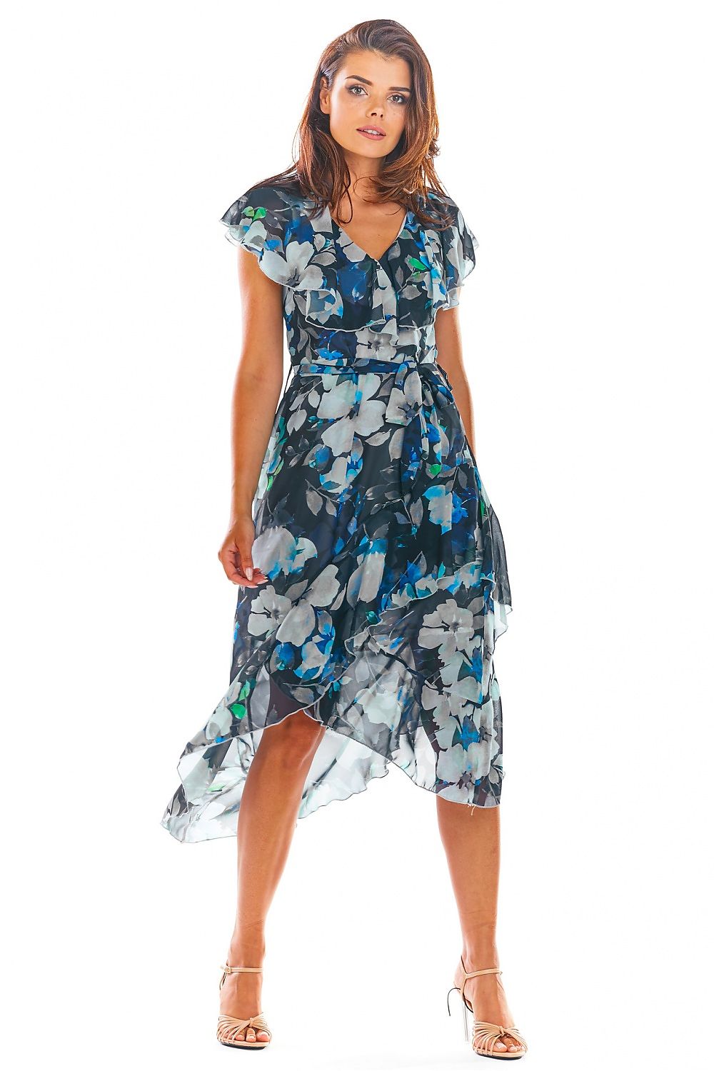 Cocktail Midi Floral Wrap Dress In Navy Blue