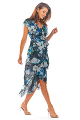 Cocktail Midi Floral Wrap Dress In Navy Blue