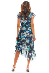 Cocktail Midi Floral Wrap Dress In Navy Blue