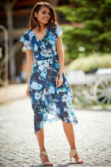 Cocktail Midi Floral Wrap Dress In Navy Blue