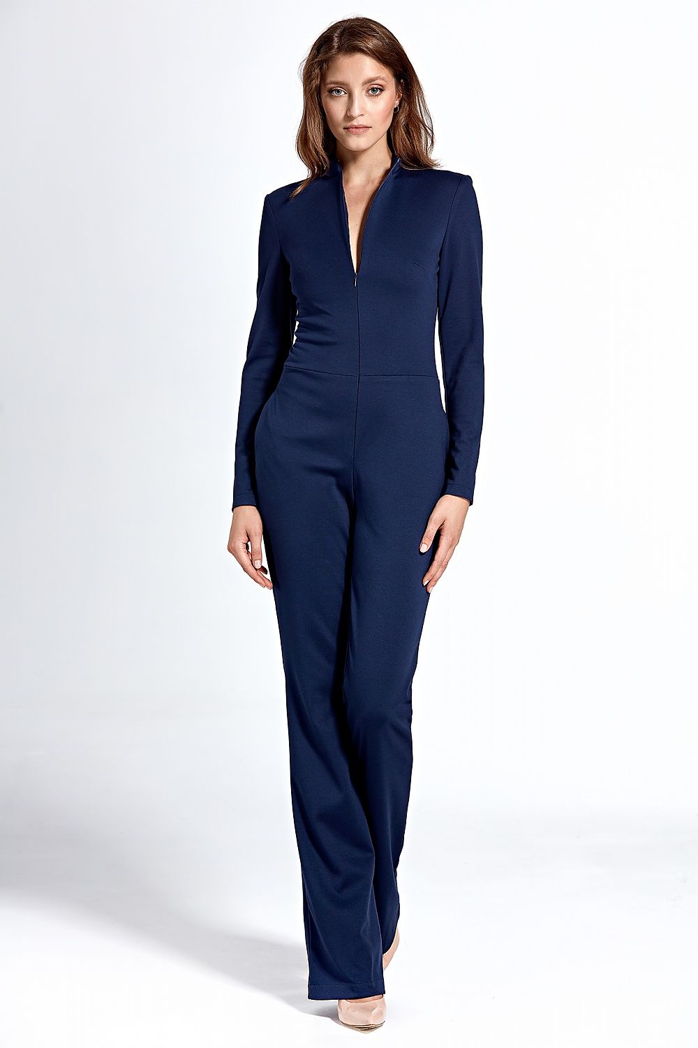 Scoop Neck Zip Up Jumpsuit - Navy Blue