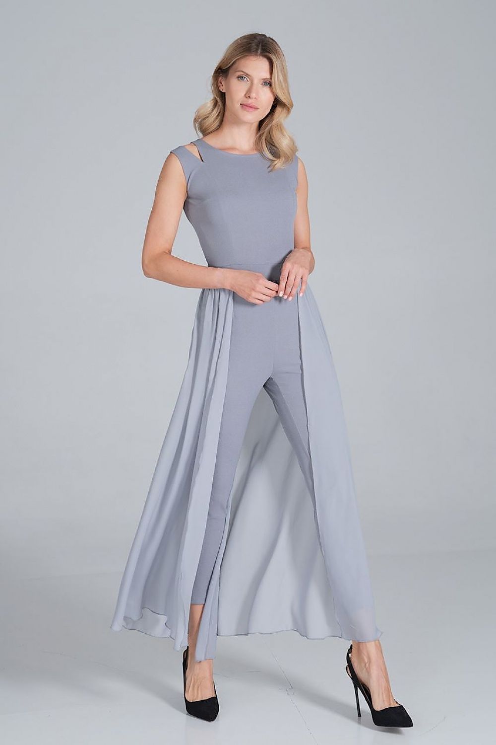 One Piece Jumpsuit With Long Chiffon Skirt In Grey