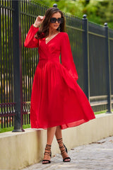 Cocktail Midi Dress With Long Sleeves Red