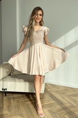 Cocktail Dress With Beautiful Ruffles On The Sleeves In Beige