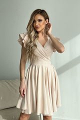 Cocktail Dress With Beautiful Ruffles On The Sleeves In Beige