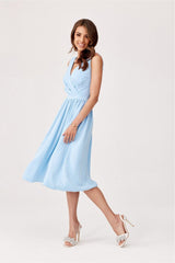 Cocktail midi dress with thick straps light blue