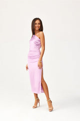 Evening dress with one shoulder violet