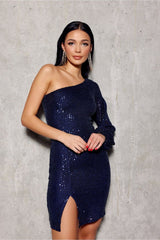 Daphne - One Shoulder Sequin Dress - Navy Blue