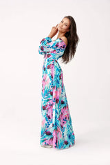 Carmen Neckline Maxi Dress With Modern Pattern