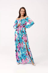 Carmen Neckline Maxi Dress With Modern Pattern