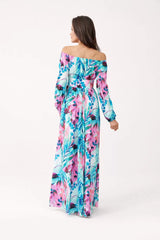 Carmen Neckline Maxi Dress With Modern Pattern