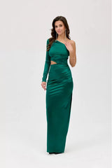 One Shoulder Long Sleeve Cut Out Satin Maxi Dress - Green