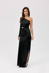 One Shoulder Long Sleeve Cutout Satin Maxi Dress - Black