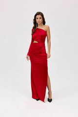 One Shoulder Long Sleeve Cut Out Satin Maxi Dress - Red