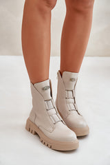 Eco Leather Warm Women's Work Boots With Zipper - Light Beige