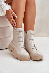 Eco Leather Warm Women's Work Boots With Zipper - Light Beige