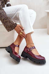 Women's Patent Leather Buckle Shoes - Burgundy