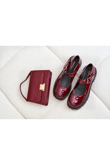 Women's Patent Leather Buckle Shoes - Burgundy