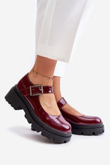 Women's Patent Leather Buckle Shoes - Burgundy