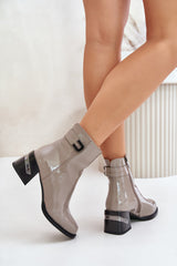 Elegant Women's Patent Leather Ankle Boots - Grey