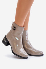 Elegant Women's Patent Leather Ankle Boots - Grey