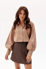 Elegant Beige Shirt With Collar And Puffy Sleeves