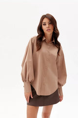 Elegant Beige Shirt With Collar And Puffy Sleeves