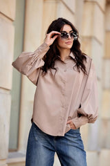 Elegant Beige Shirt With Collar And Puffy Sleeves