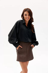 Elegant Black Shirt With Collar And Puffy Sleeves