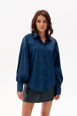 Stylish Navy Blue Shirt With Collar And Puff Sleeves