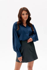 Stylish Navy Blue Shirt With Collar And Puff Sleeves