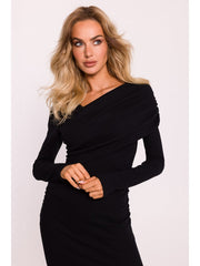 Asymmetrical Rib Knit V Neck Dress - Black