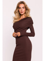 Asymmetric Rib Knit V Neck Dress - Brown