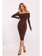 Asymmetric Rib Knit V Neck Dress - Brown