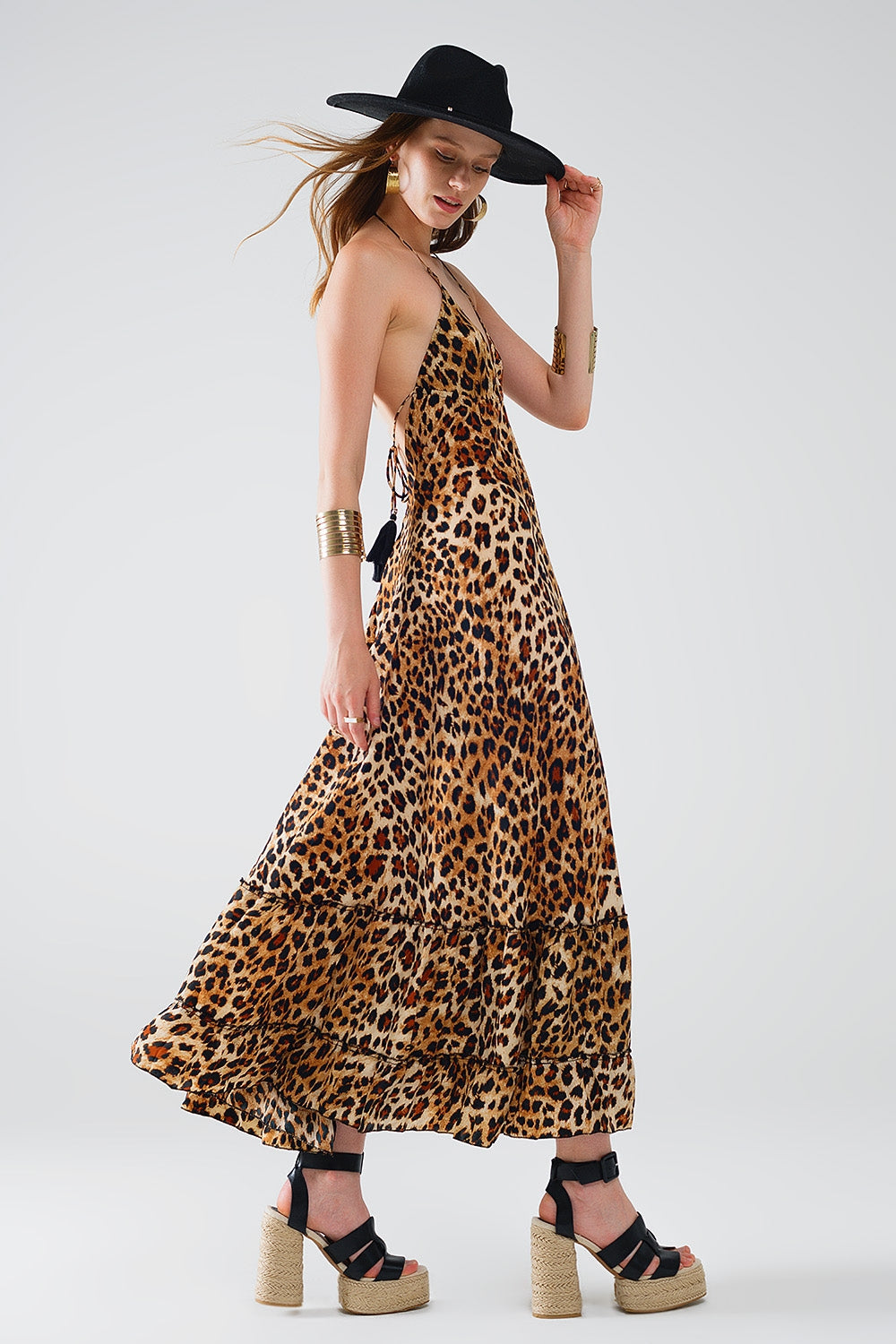 Maxi Boho Φόρεμα με Λεοπάρ Print και Ανοιχτή Πλάτη