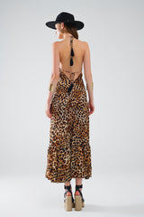 Maxi Boho Φόρεμα με Λεοπάρ Print και Ανοιχτή Πλάτη