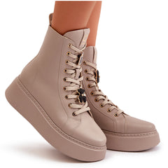 Women's Studded Leather Work Boots - Beige